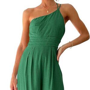 Green ANRABESS One Shoulder Linen Jumpsuit